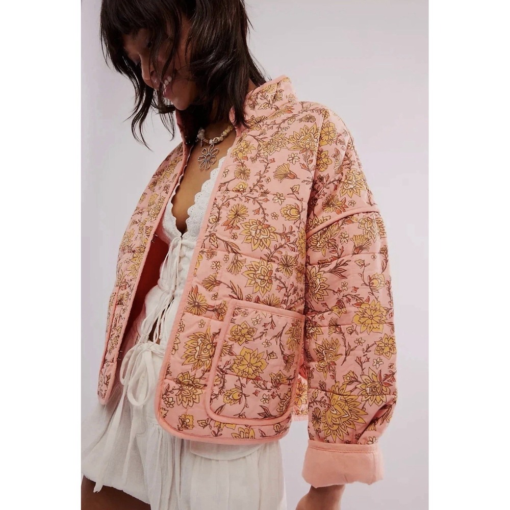 Free People Chloe Jacket XL Floral Quilted Coat Jacket Pink Orange Cottage